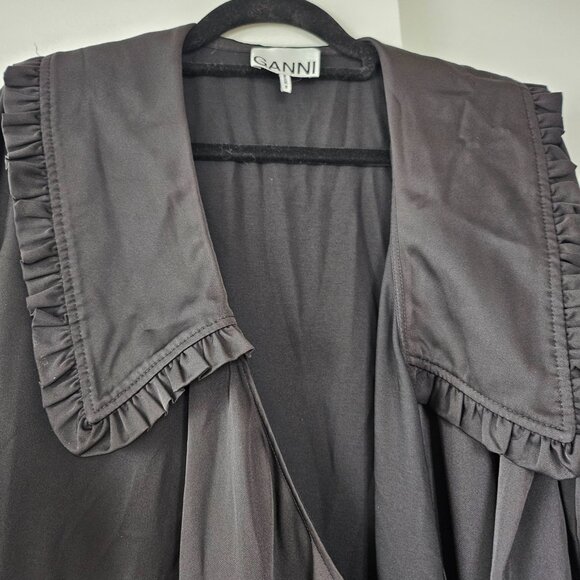 GANNI Smoked Satin Ruffle Collar Wavy Dress Black XXS/XS - Picture 3 of 11